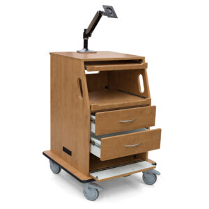 A wooden fetal monitoring cart