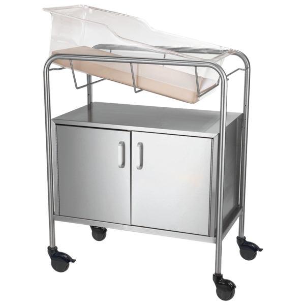 A stainless steel newborn hospital bassinet with a closed cabinet.