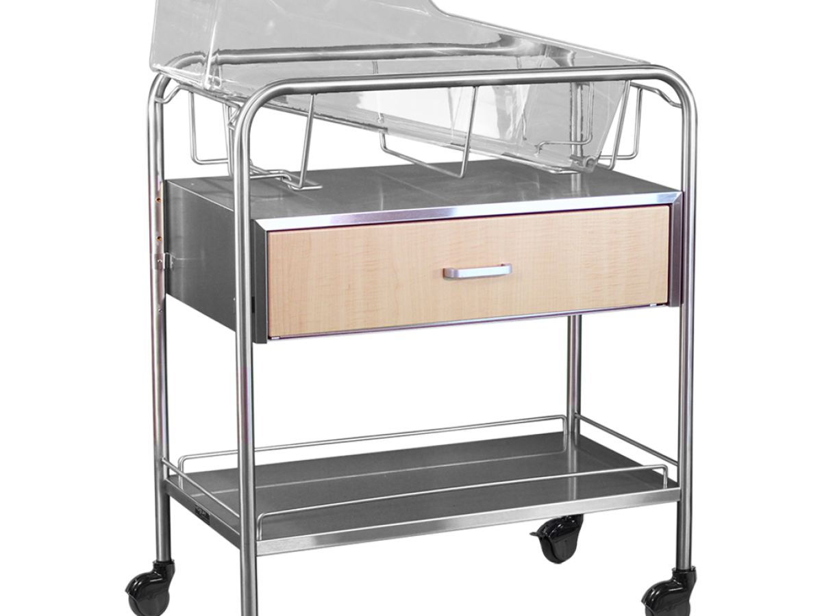 Pediatric hospital bassinet - HQ06-CH2F - Zhongshan Hanqi Medicalequiment  Technology - on casters / with IV pole / with side rails