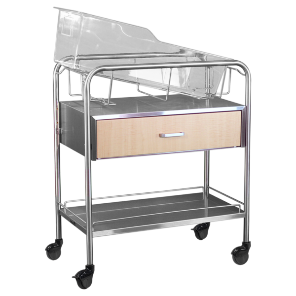Stainless Steel Wood Faced Bassinet with Drawer & Shelf