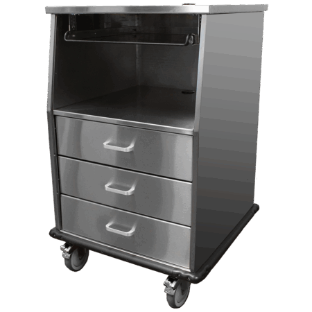 A stainless steel fetal monitoring cart.