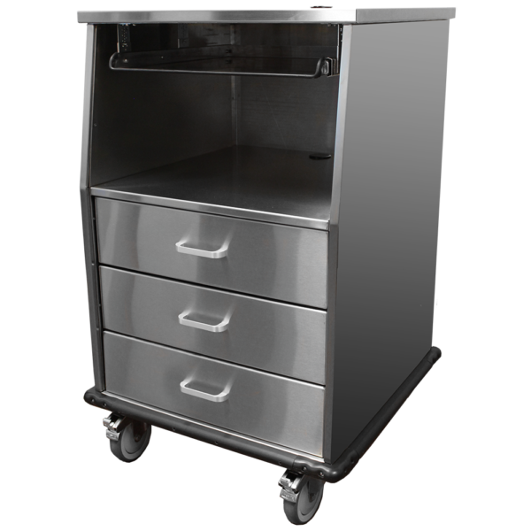 A stainless steel fetal monitoring cart.