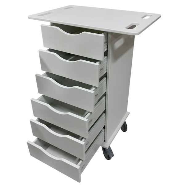 A medical antimicrobial supply cart.